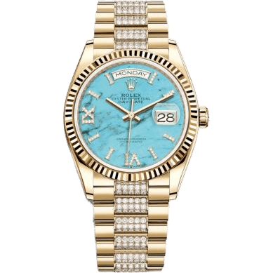 Rolex Day-Date 36 Yellow Gold / Fluted / Turquoise / President-Diamond 128238-0072