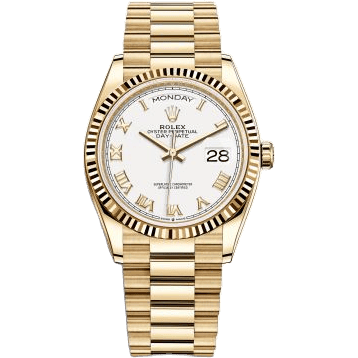 Rolex Day-Date 36 Yellow Gold / Fluted / White - Roman / President 128238-0076