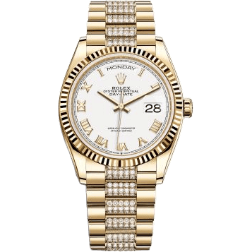 Rolex Day-Date 36 Yellow Gold / Fluted / White - Roman / President - Diamond 128238-0077