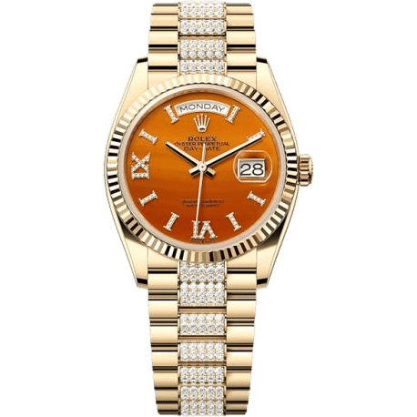 Rolex Day-Date 36 Yellow Gold - Fluted / Carnelian / President - Diamond 128238-0089