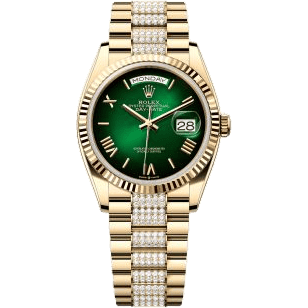 Rolex Day-Date 36 Yellow Gold / Fluted / Green Ombré - Roman / President - Diamond 128238-0119