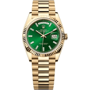 Rolex Day-Date 36 Yellow Gold / Fluted / Bright Green - Baguette / President 128238-0130