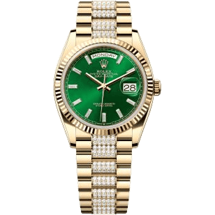 Rolex Day-Date 36 Yellow Gold - Fluted / Bright Green - Baguette / President - Diamond 128238-0131
