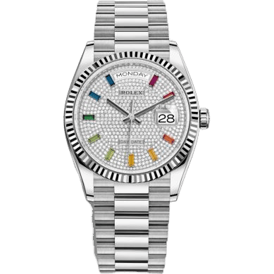 Rolex Day-Date 36 White Gold / Fluted / Paved-Rainbow / President 128239-0019