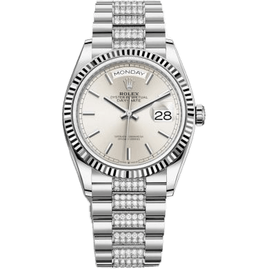 Rolex Day-Date 36 White Gold / Fluted / Silver / President-Diamond 128239-0025