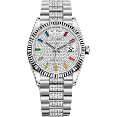 Rolex Day-Date 36 White Gold / Fluted / Paved-Rainbow / President-Diamond 128239-0027