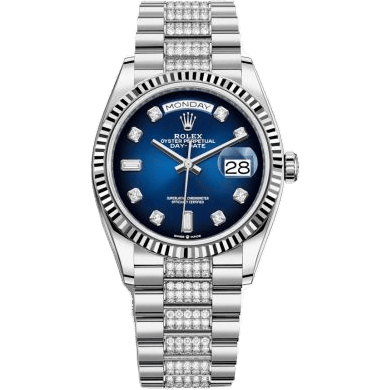 Rolex Day-Date 36 White Gold / Fluted / Blue Ombré-Diamond / President-Diamond 128239-0029