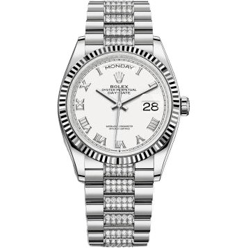 Rolex Day-Date 36 White Gold Fluted / White - Roman / President - Diamond 128239-0039