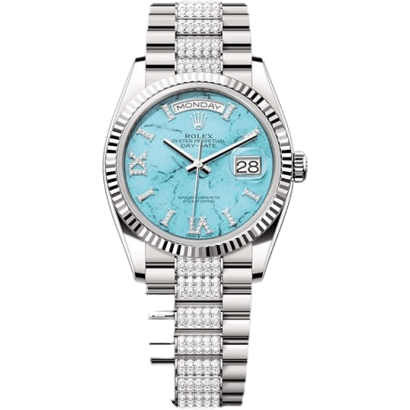 Rolex Day-Date 36 White Gold - Fluted / Turquoise / President - Diamond 128239-0045