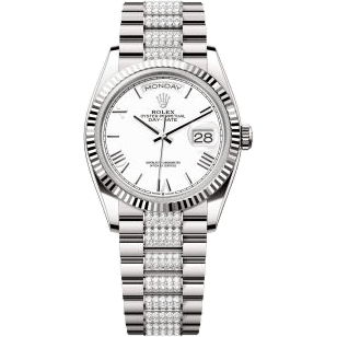 Rolex Day-Date 36 White Gold - Fluted / White - Roman / President - Diamond 128239-0060