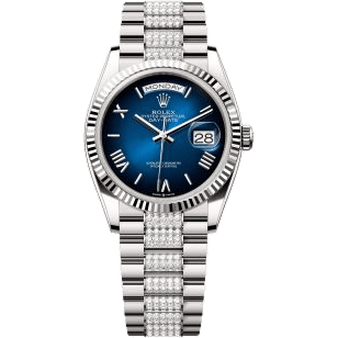 Rolex Day-Date 36 White Gold - Fluted / Blue Ombré - Roman / President - Diamond 128239-0064