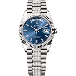 Rolex Day-Date 36 White Gold - Fluted / Bright Blue - Baguette / President - Diamond 128239-0070