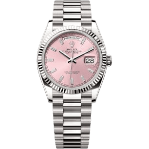 Rolex Day-Date 36 White Gold - Fluted / Pink - Baguette / President 128239-0071