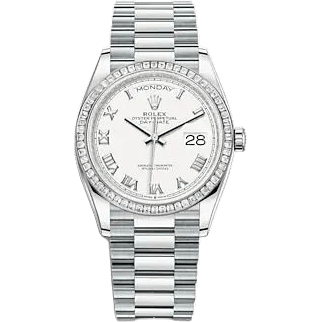 Rolex Day-Date 36 Platinum - Baguette / White - Roman / President 128396TBR-0010
