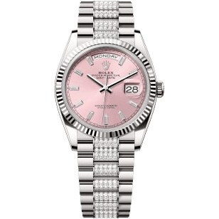 Day-Date 36 White Gold - Fluted / Pink - Baguette / President - Diamond