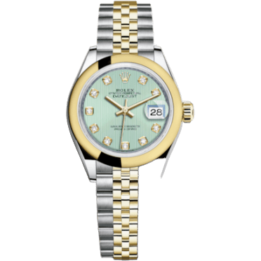 Rolex Lady-Datejust 28 Rolesor Yellow Domed / Jubilee / Mint Green Tuxedo 279163-0015
