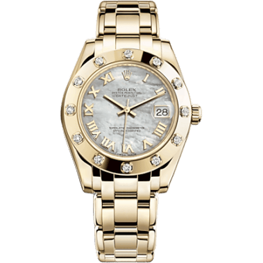 Datejust Pearlmaster 34 Yellow Gold 12 Diamond Mother of Pearl Roman