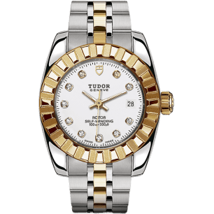 Classic 28 Stainless Steel / Yellow Gold / Fluted / White-Diamond / Bracelet