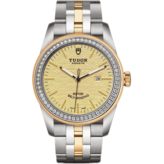 Glamour Date 31 Stainless Steel / Yellow Gold / Diamond / Jacquard Champagne / Bracelet