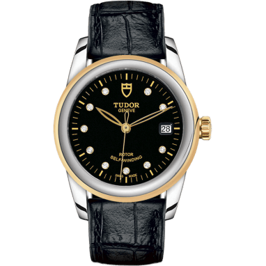 Tudor Glamour Date 36 Stainless Steel / Yellow Gold / Black-Diamond / Strap 55003-0037