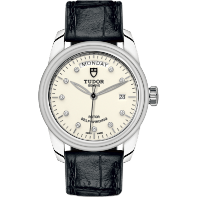 Glamour Day + Date Stainless Steel / Opaline-Diamond / Strap