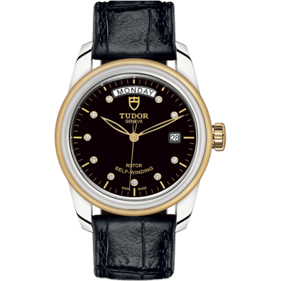 Glamour Day + Date Stainless Steel / Yellow Gold / Black-Diamond / Strap
