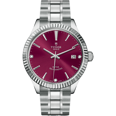 Tudor Style 38 Stainless Steel / Fluted / Burgundy-Diamond / Bracelet 12510-0019