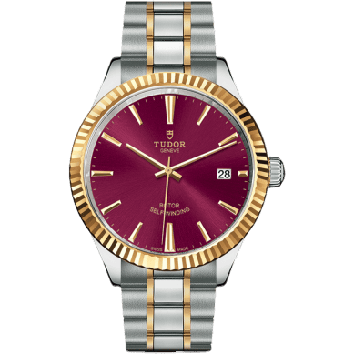Tudor Style 38 Stainless Steel / Yellow Gold / Fluted / Burgundy / Bracelet 12513-0013