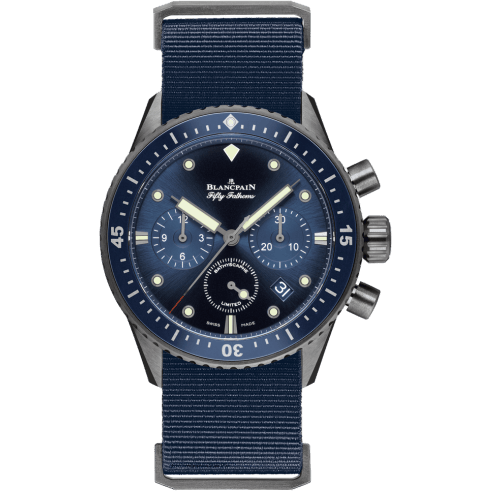 Fifty Fathoms Bathyscaphe Flyback Chronograph Grey Ceramic / Blue / Blue Nato