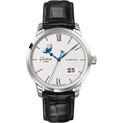 Senator Excellence Panorama Date Moonphase Stainless Steel / Silver / Alligator / Pin