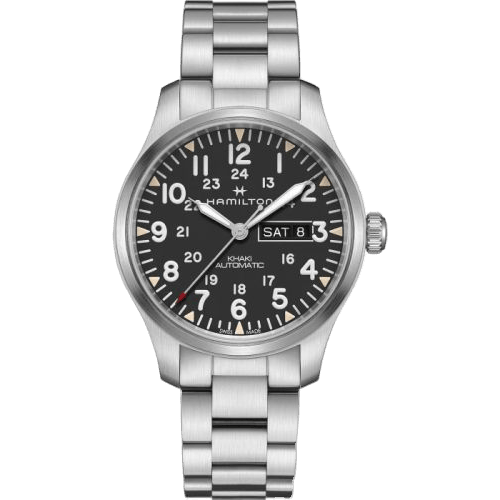 Khaki Field Day Date Auto Stainless Steel / Black / Bracelet