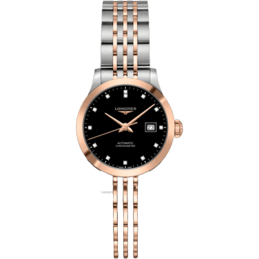 Record 30mm Stainless Steel / Pink Gold / Black-Diamond / Bracelet