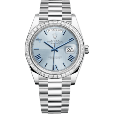 Day-Date 40 Platinum - Baguette / Ice Blue Quadrant
