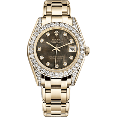 Datejust Pearlmaster 34 Yellow Gold Diamond Shoulders Black Mother of Pearl Diamonds