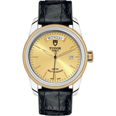 Glamour Day + Date Stainless Steel / Yellow Gold / Champagne / Strap