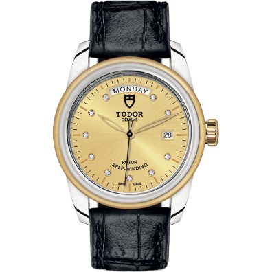 Glamour Day + Date Stainless Steel / Yellow Gold / Champagne-Diamond / Strap