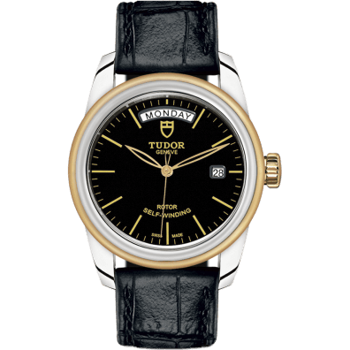 Glamour Day + Date Stainless Steel / Yellow Gold / Black / Strap