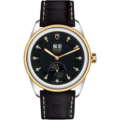 Glamour Double Date Stainless Steel / Yellow Gold / Black-Diamond / Strap