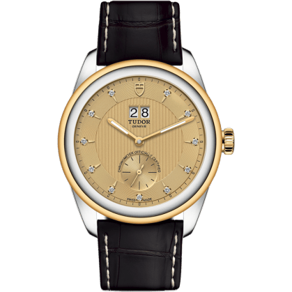 Glamour Double Date Stainless Steel / Yellow Gold / Champagne-Diamond / Strap